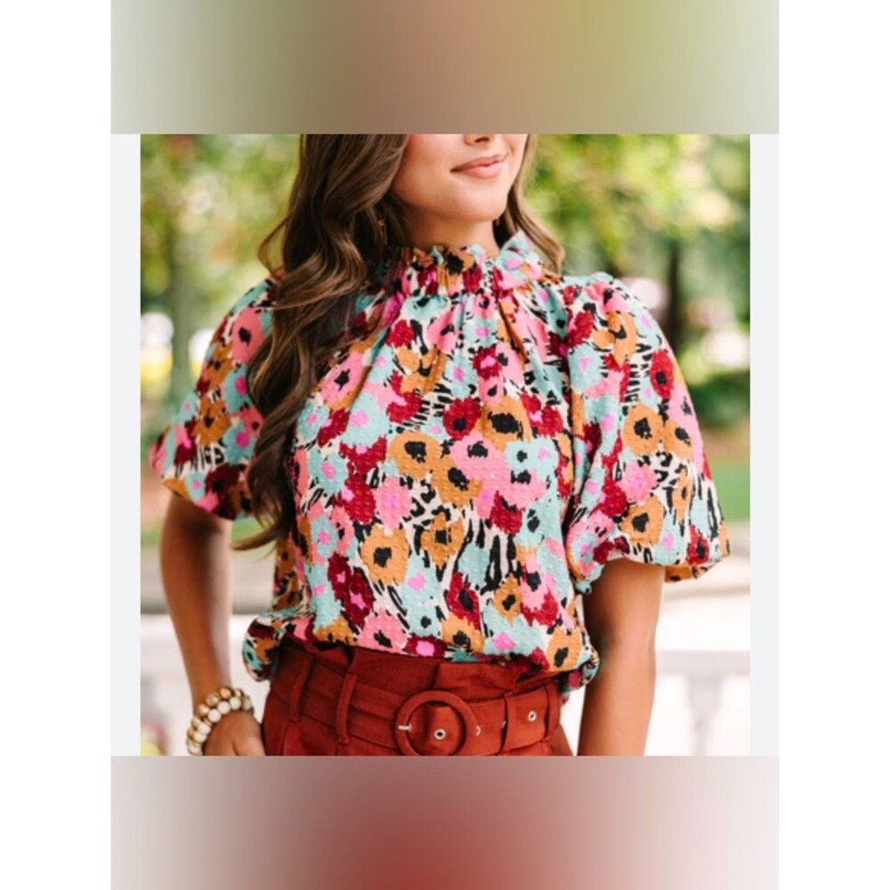 THML Mixed Floral Puff Sleeve Blouse in Pink, Aqua, Mustard, Red